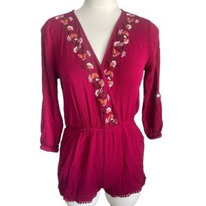 Haute Monde Burgundy Embroidered Boho Romper Size L